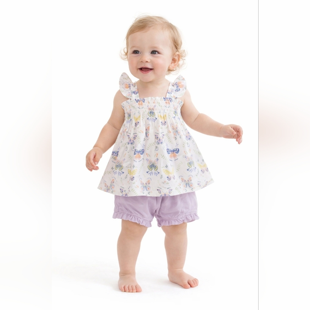 Angel Dear Baby Pastel Botany Butterflies Ruffle Strap Smocked Top Sz 12-18m